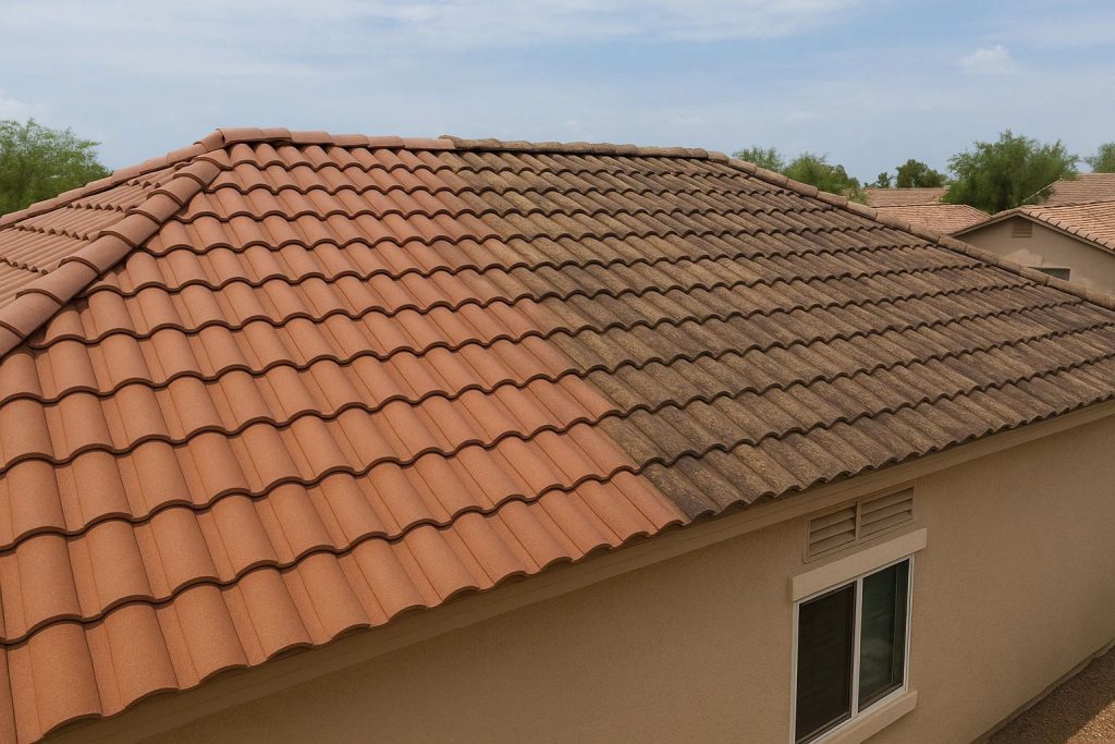 Tile roof restoration and replacement comparison on a Phoenix home